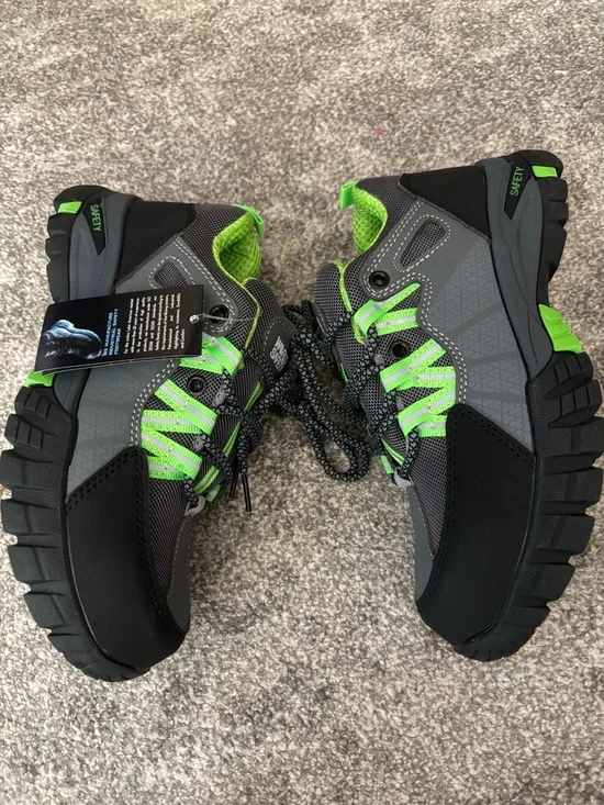 Boy Safety Sneakers Size 5.5’Black Gray Neon Green Lace Up Rugged Athletic Shoes - Picture 5 of 11